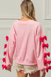 BiBi Velvet Ribbon Bows Long Sleeve Round Neck Sweatshirt OutfitFlow